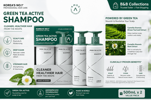 AMOS Professional Green Tea Active Shampoo 2-Pack 16.9 fl oz / 500mL – Scalp Care & Deep Cleansing Shampoo Made in Korea