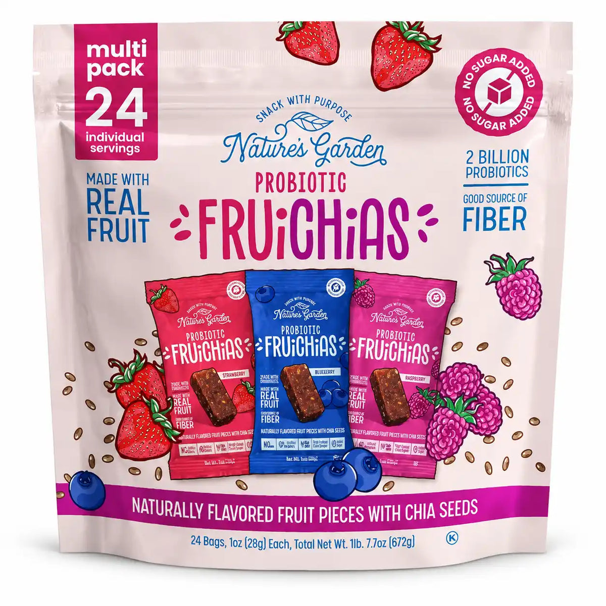 Nature’s Garden Probiotic FruiChias Fruit & Chia Snacks, Strawberry, Blueberry & Raspberry, No Sugar Added, 1 oz Bags, 24 Count, 24 oz Total