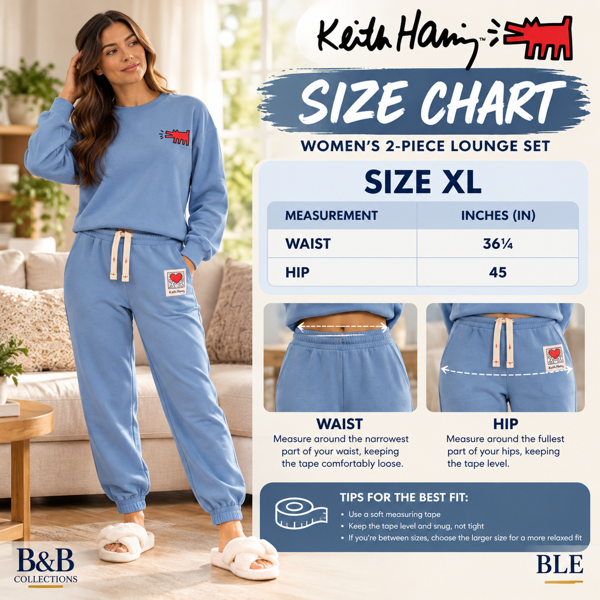 Keith Haring Women's 2-Piece Crewneck Sweatshirt & Jogger Fleece Lounge Set, Blue, X-Large