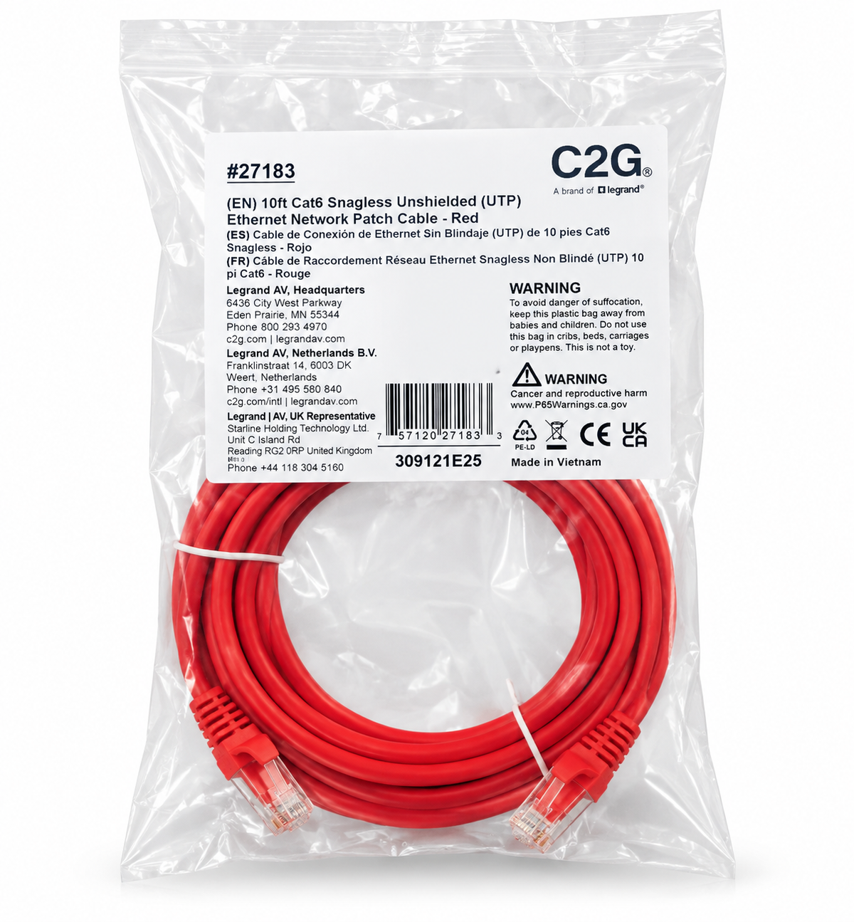 Ortronics C2G 10 ft Cat6 Snagless Unshielded (UTP) Ethernet Network Patch Cable, Red