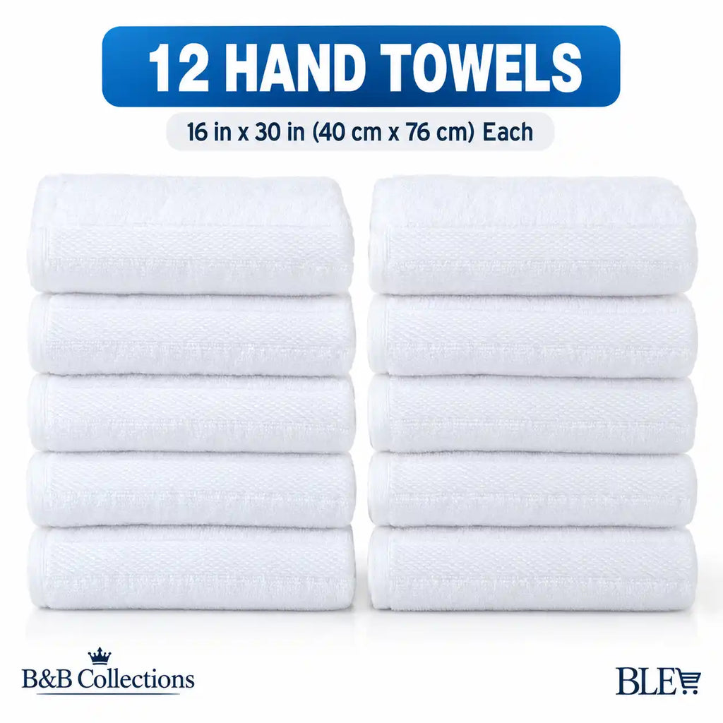 Grandeur Hospitality Hand Towels, 12-Pack, 100% Cotton, White, 16" x 30", Soft & Absorbent Towels for Bathroom, Guest & Commercial Use