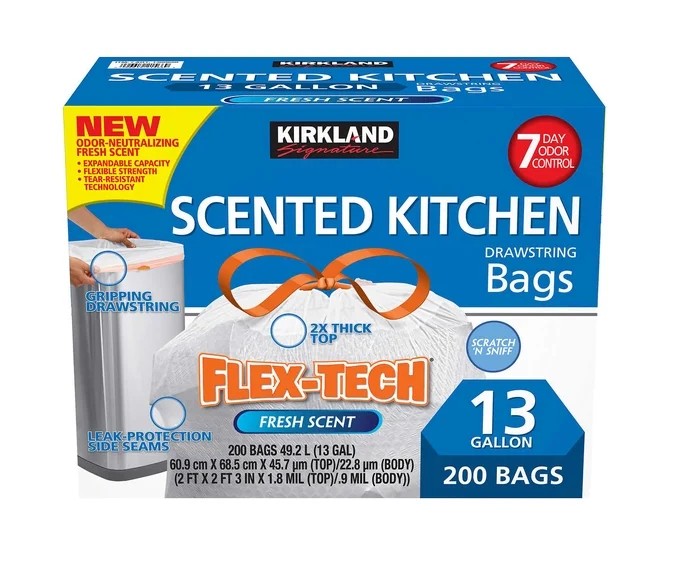 Kirkland Signature Flex-Tech Drawstring Trash Bags | Kitchen & Outdoor Garbage Bags | Multiple Sizes & Scents