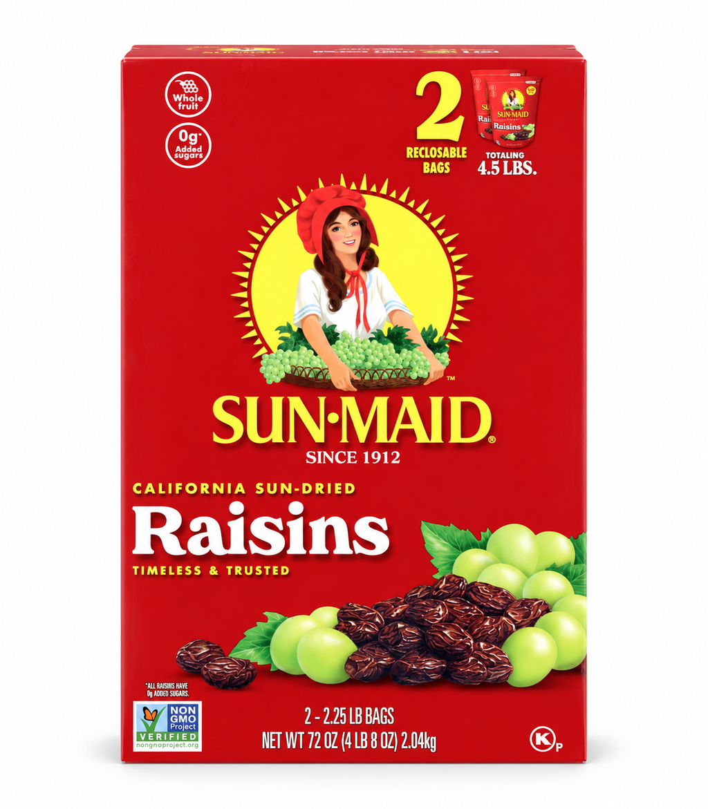 Sun-Maid California Sun-Dried Raisins, Whole Fruit, 0g Added Sugars, Resealable Bags, 2.25 lb Each, 2 Count, 72 oz Total