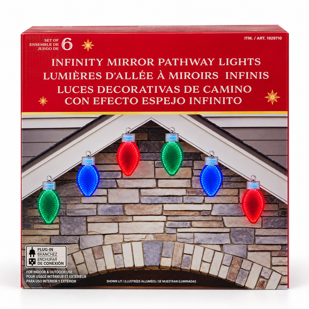 Infinity Mirror Pathway Lights, 6-Piece Set, 468 Steady-On LEDs, 15 FT, Red Green Blue Christmas Decorations, Hanging or Ground Stake, Indoor/Outdoor