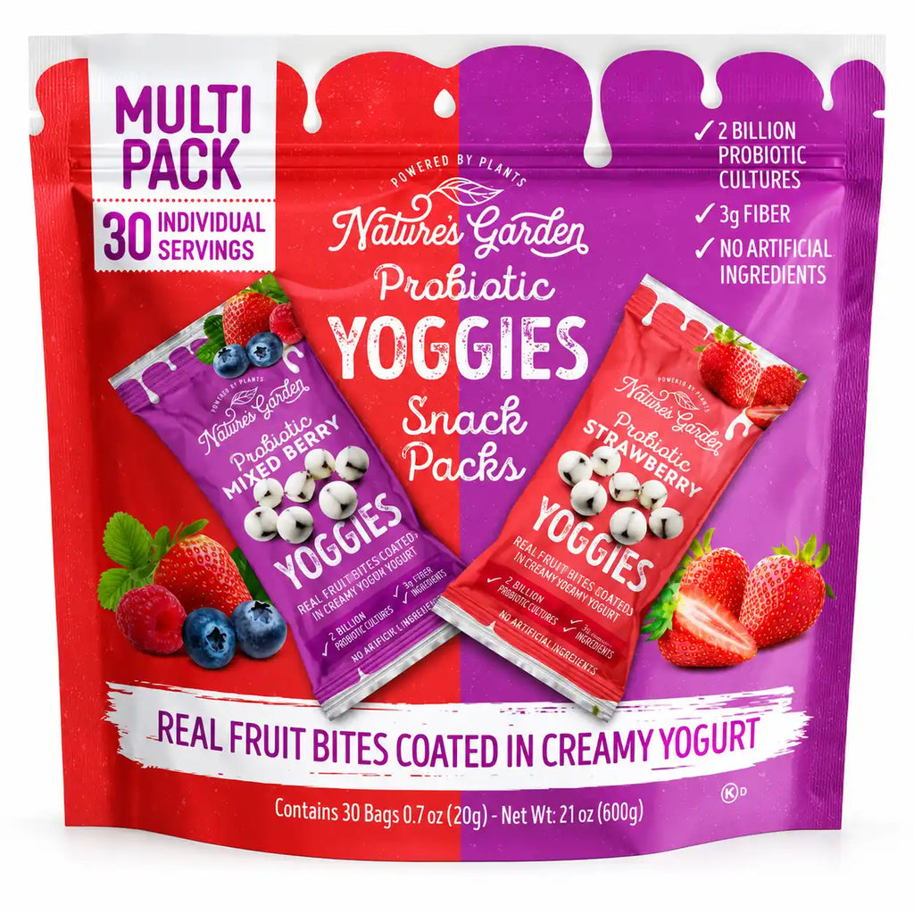Nature’s Garden Probiotic Yoggies Snack Packs, Strawberry & Blueberry Yogurt-Coated Fruit Bites, 2 Billion Probiotic Cultures, 3g Fiber, 30 Individual Bags, 21 oz