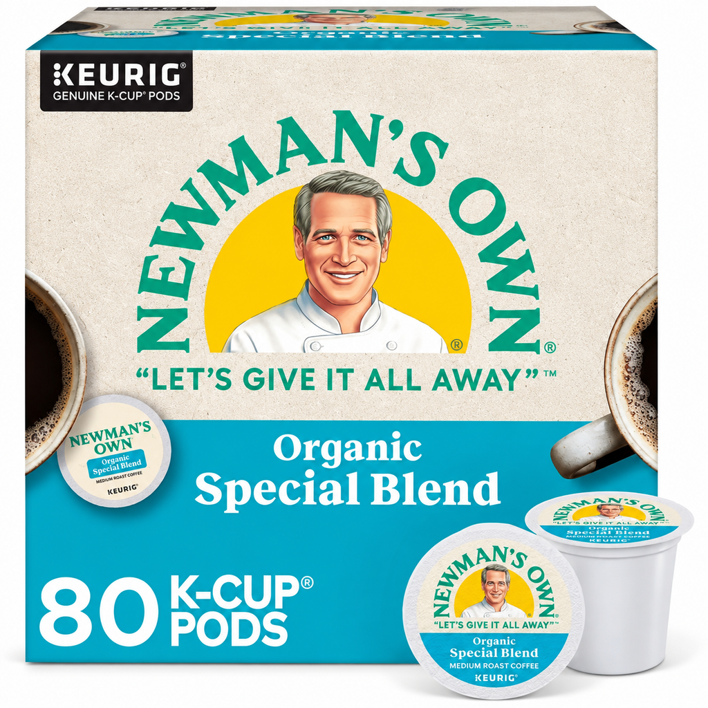 Newman's Own Organic Special Blend K-Cup pods box, 80 count, featuring the brand's signature yellow and teal logo on a beige background with coffee cups and two individual pods shown in front.