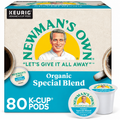 Newman's Own Organic Special Blend K-Cup pods box, 80 count, featuring the brand's signature yellow and teal logo on a beige background with coffee cups and two individual pods shown in front.