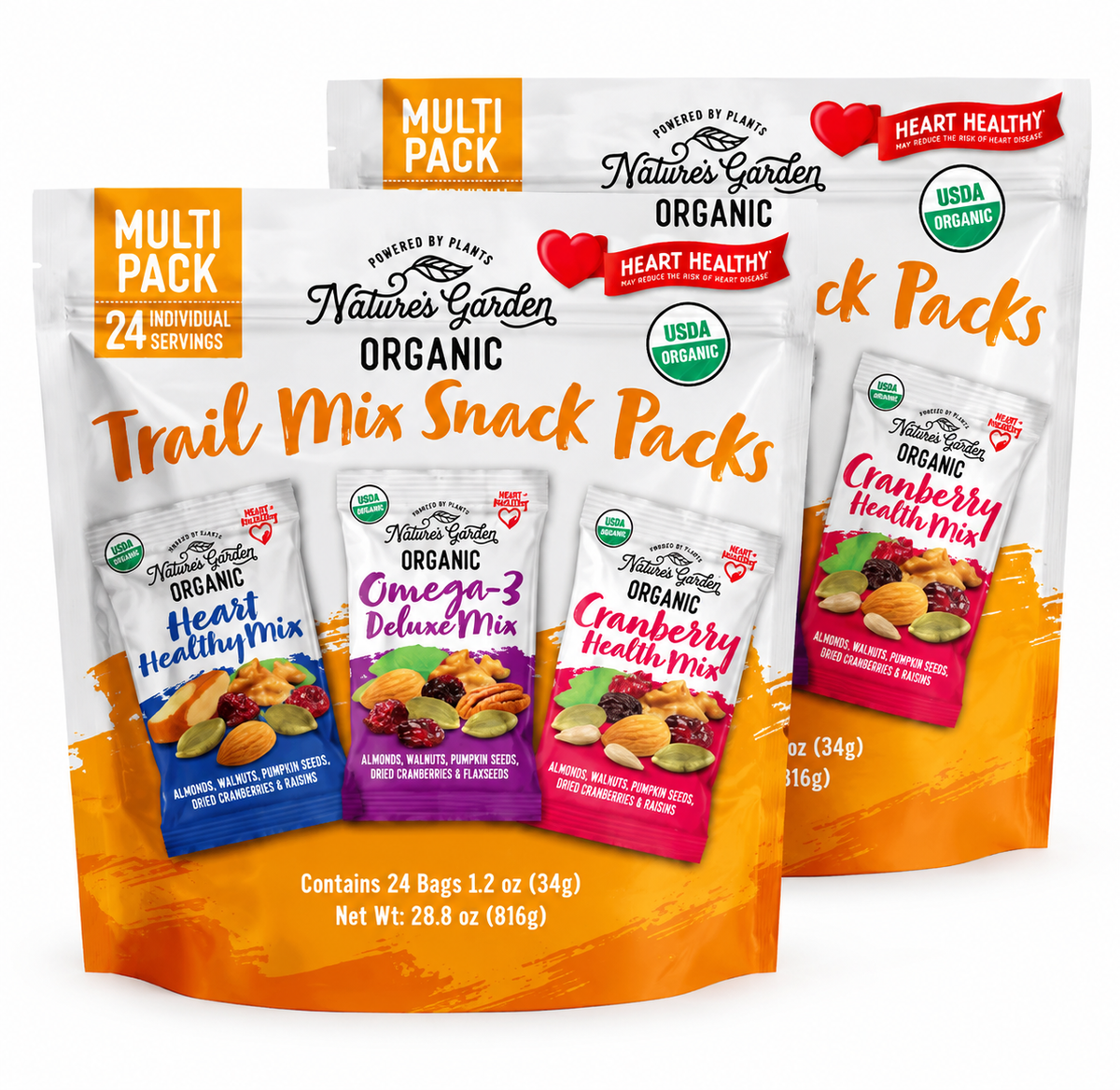 Nature's Garden Organic Trail Mix Snack Packs, 48 Individual Bags, 2-Pack, Heart Healthy Nut & Fruit Mix Variety, 1.2 oz Each