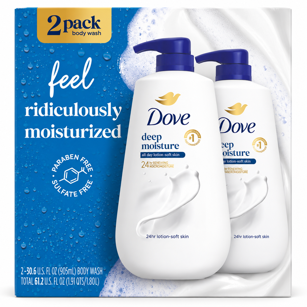 Dove Deep Moisture Body Wash with Pump, 30.6 fl oz Each, Pack of 2 – 24HR Moisturizing Body Cleanser for Soft, Smooth Skin, Paraben & Sulfate Free
