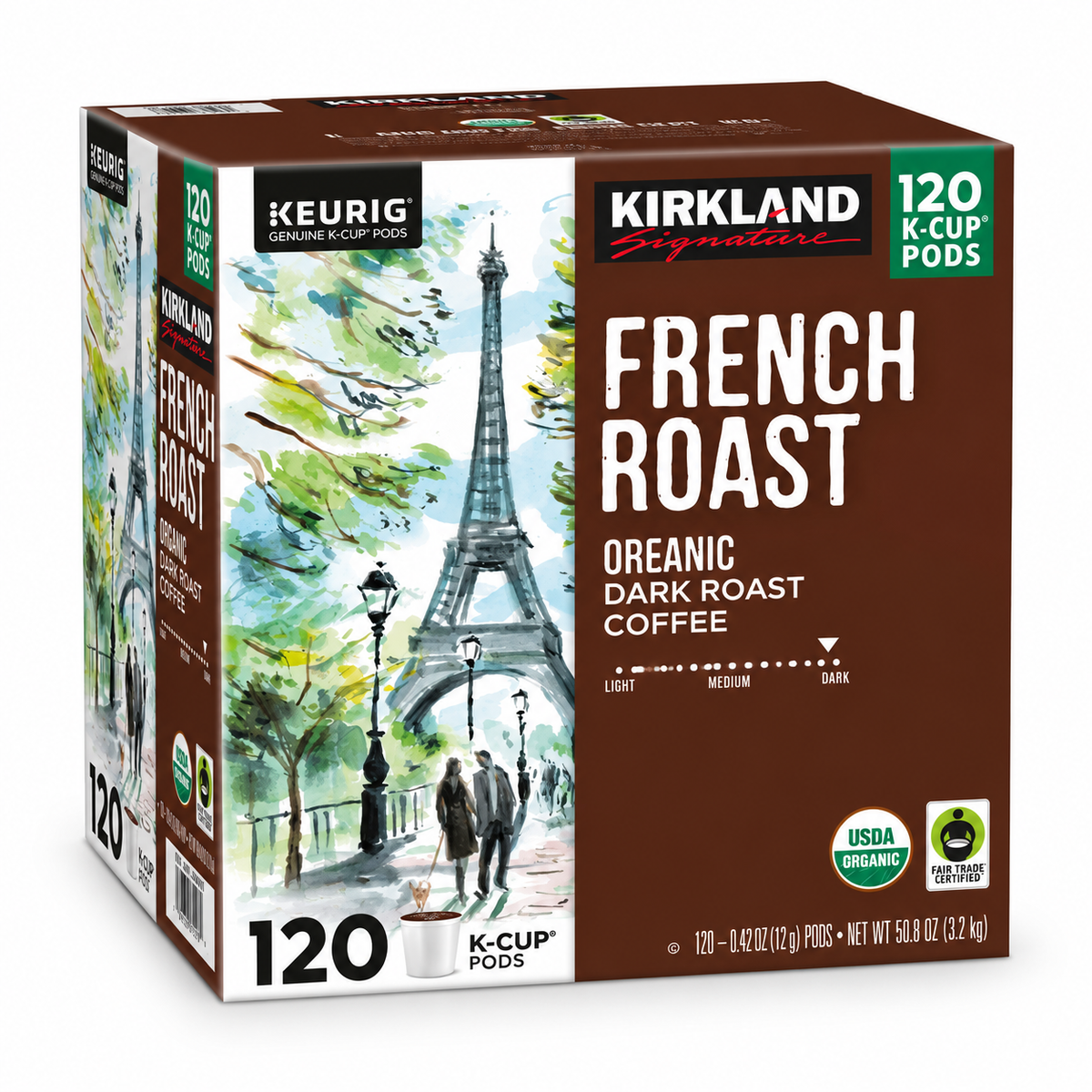 Kirkland Signature Organic French Roast Coffee K-Cup Pods, Dark Roast, Keurig Compatible, USDA Organic, Fair Trade Certified, 120 Count