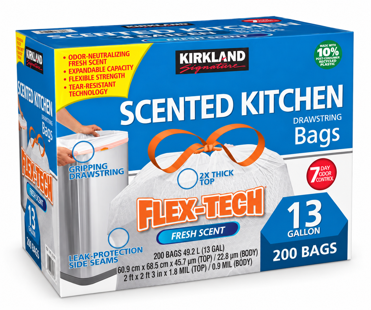 Kirkland Signature Flex-Tech Scented Kitchen Trash Bags, 13 Gallon, Fresh Scent, Drawstring, 200 Count