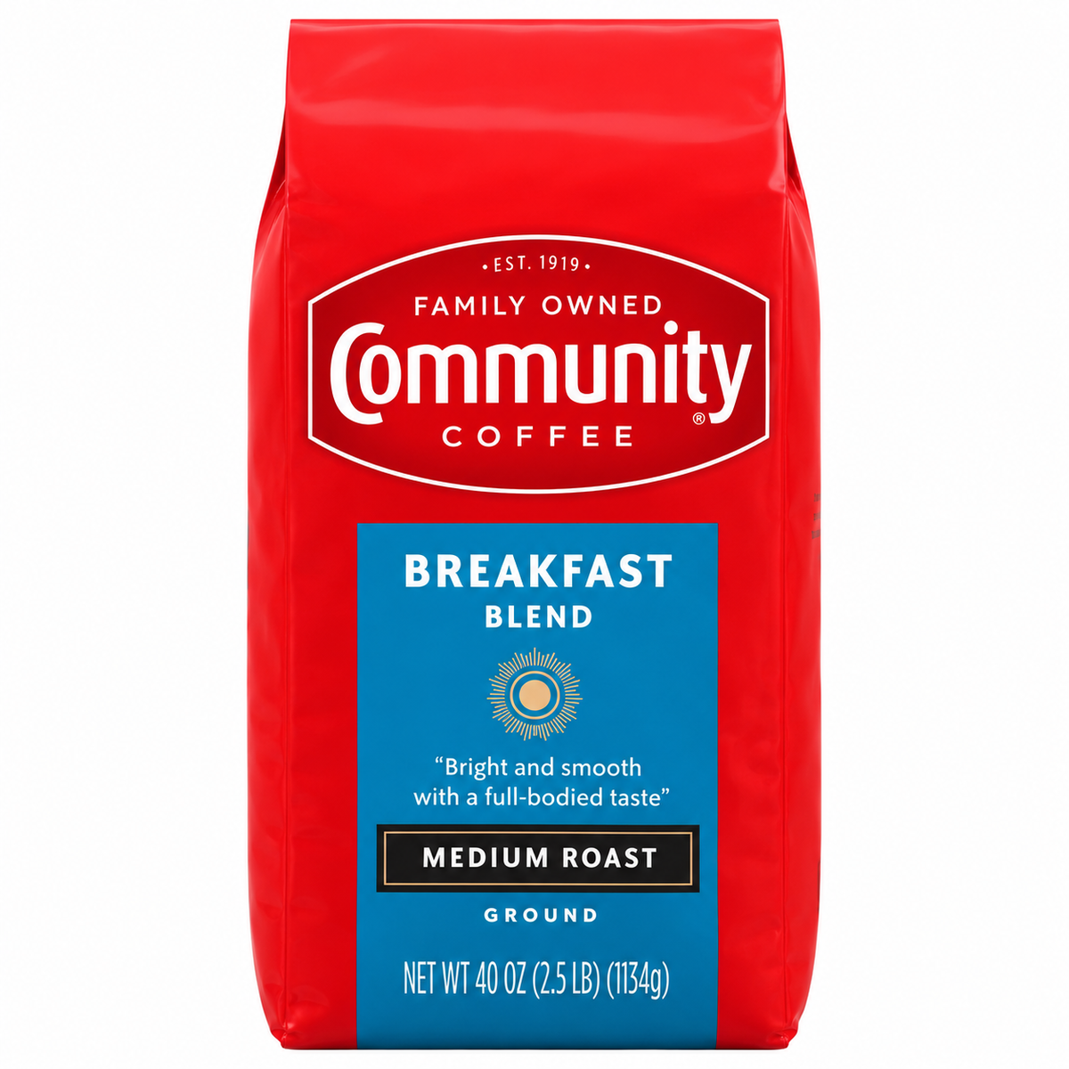 Community Coffee Breakfast Blend Medium Roast Ground Coffee, 40 oz (2.5 lb), Bright & Smooth, Full-Bodied Flavor