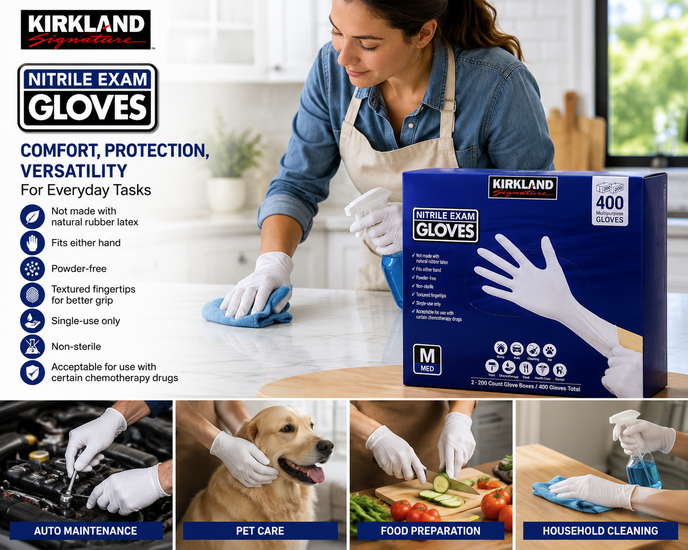 Kirkland Signature Nitrile Exam Gloves, Powder-Free, 400 Count (2 x 200), Disposable Multipurpose Gloves, Available in Small, Medium, Large & X-Large