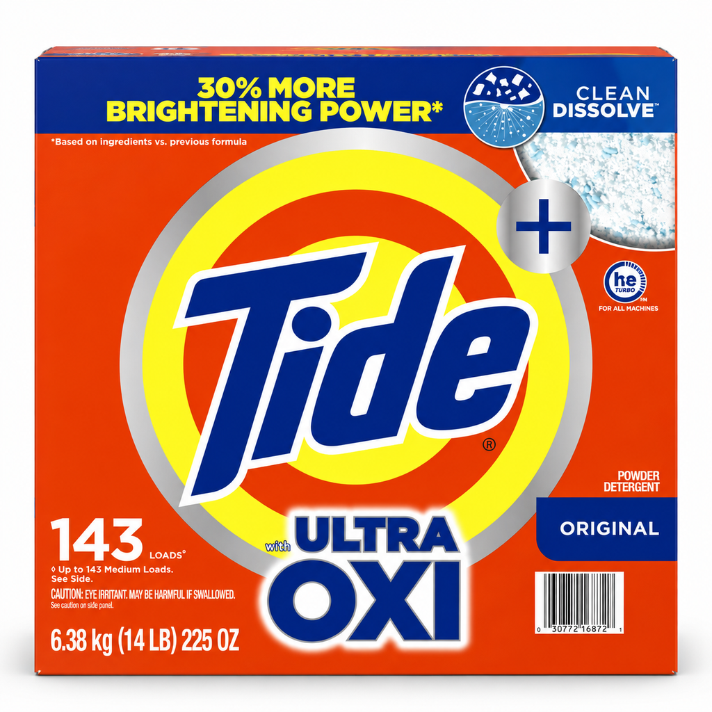 Tide Ultra OXI Original Powder Laundry Detergent, HE Compatible, Clean Dissolve, 143 Loads, 225 oz (14 lb)