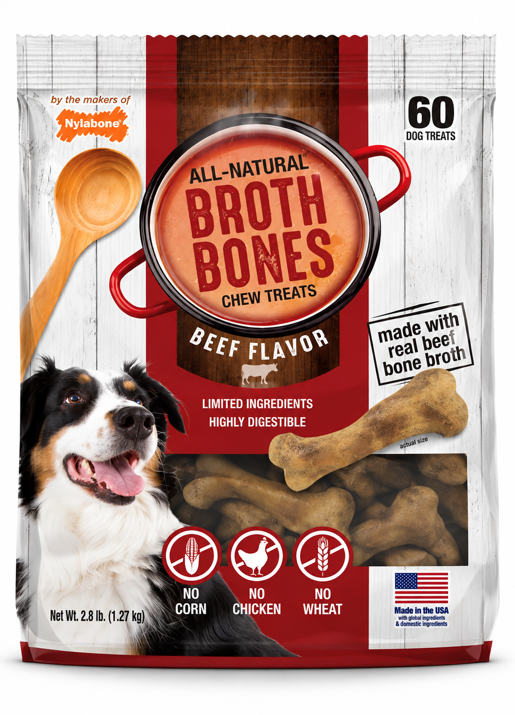 Nylabone Broth Bones All-Natural Edible Dog Chew Treats, Beef Flavor, Made with Real Beef Bone Broth, Highly Digestible, 60 Count