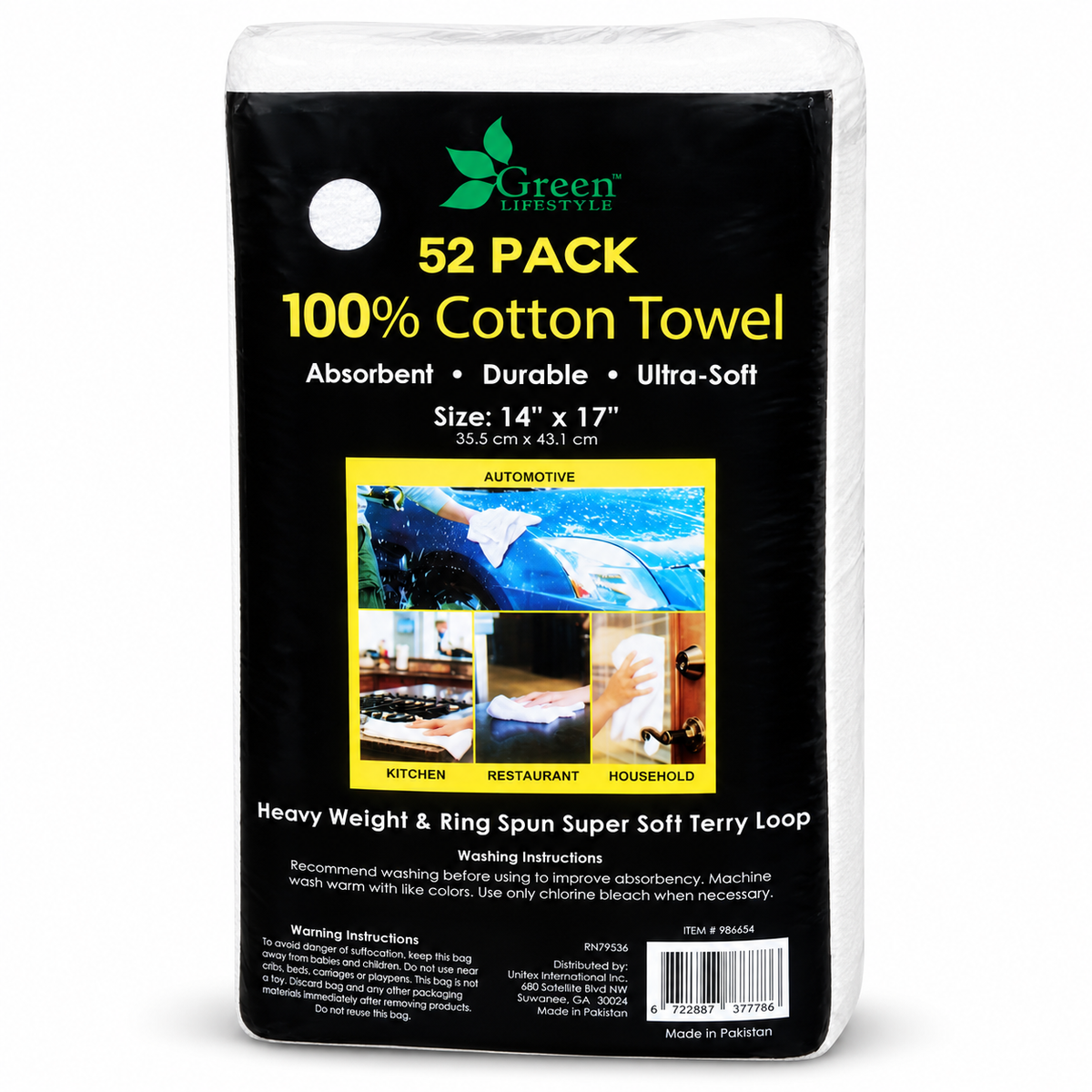 Green Lifestyle 100% Cotton Terry Towels, 52 Pack, 14" x 17", Absorbent Heavyweight Reusable Cleaning Towels, White