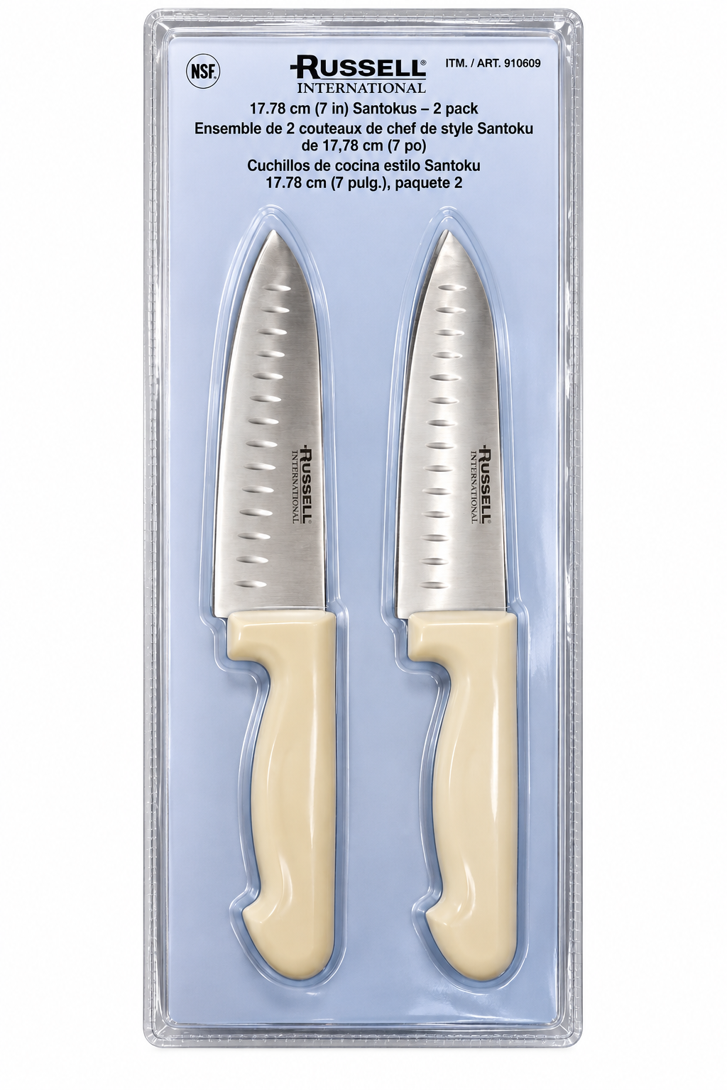 Russell International Santoku Kitchen Knives, 7 in Stainless Steel Blades, White Polypropylene Handles, 2-Pack