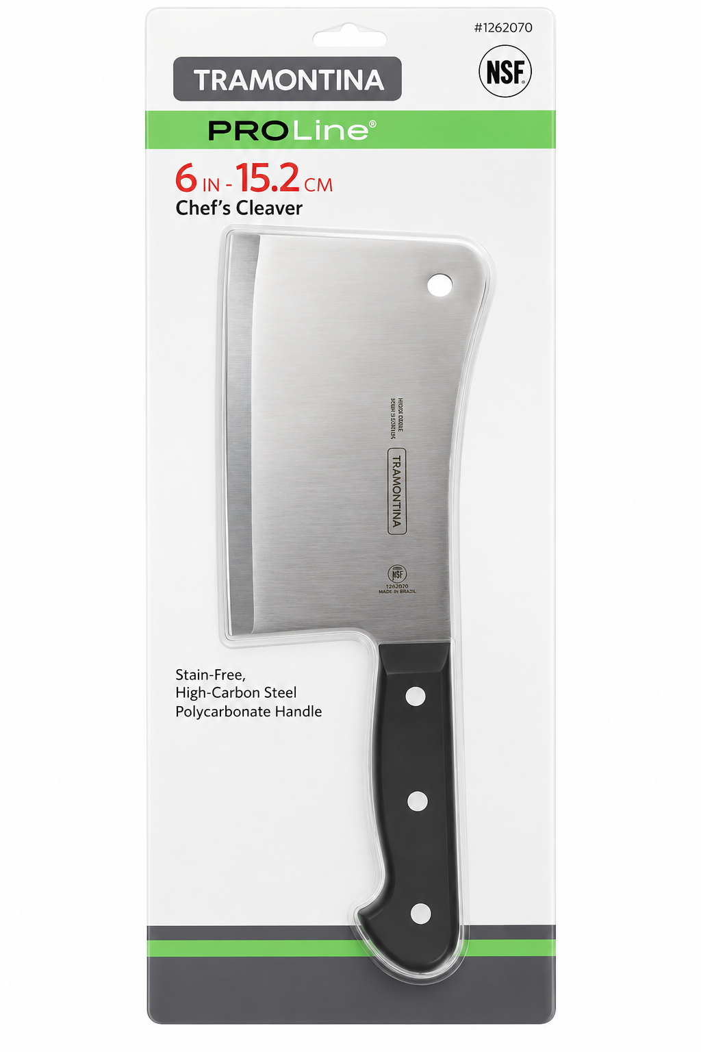 Tramontina Pro Line 6-Inch Chef's Cleaver, High-Carbon Stainless Steel Blade, Black Polycarbonate Handle, NSF Certified, Professional Kitchen Meat Cleaver