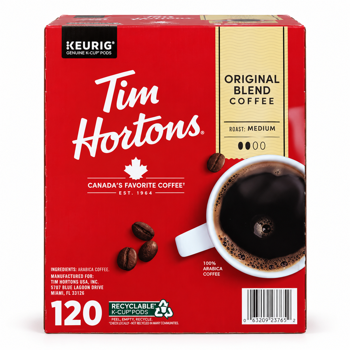 Tim Hortons Original Blend Coffee, Medium Roast, 100% Arabica Coffee, Keurig K-Cup Pods, 120 Count