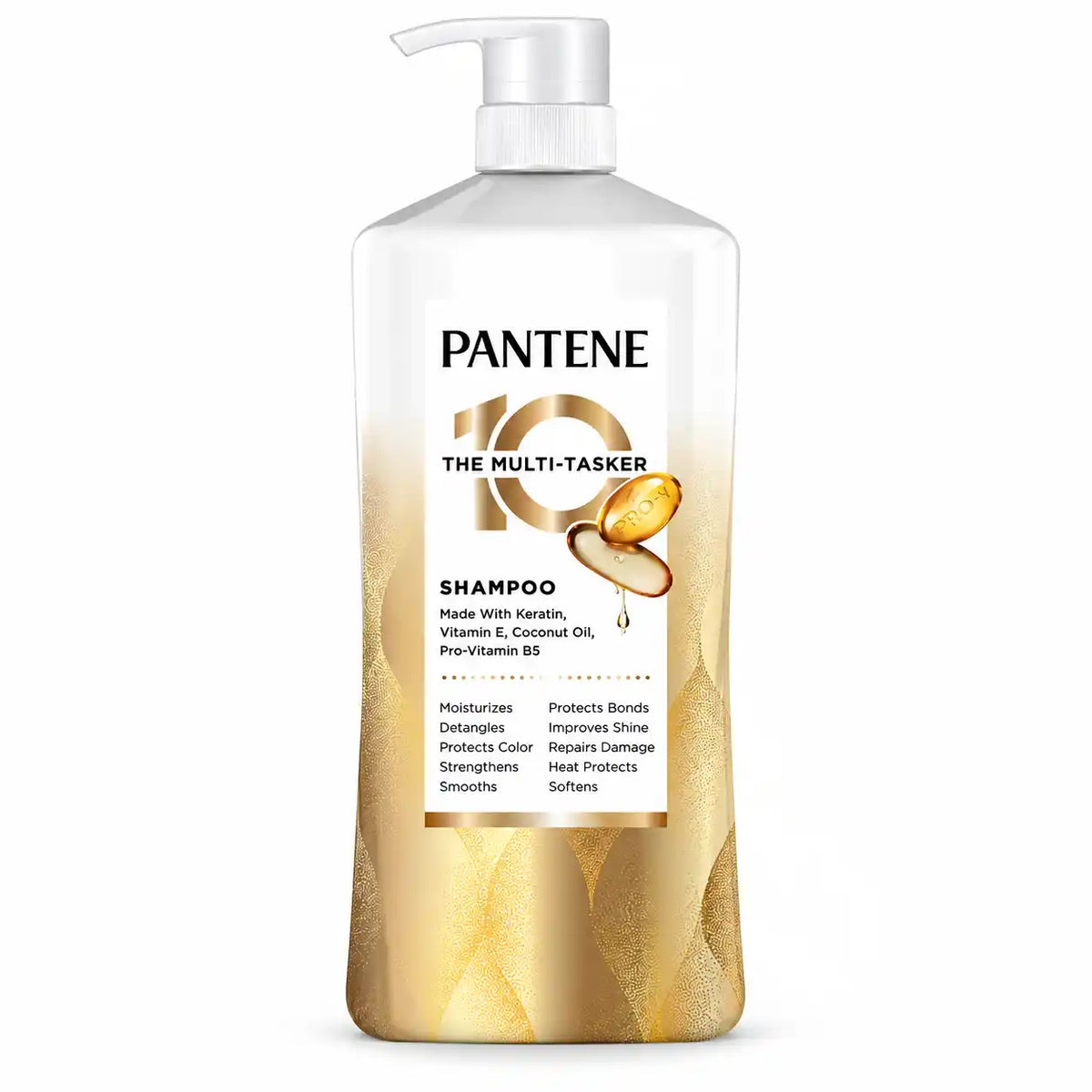 Pantene Pro-V The Multi-Tasker 10 Shampoo, 10-in-1 Hair Benefits, Keratin, Vitamin E, Coconut Oil & Pro-Vitamin B5, Moisturizing & Strengthening Hair Care, Pump Bottle