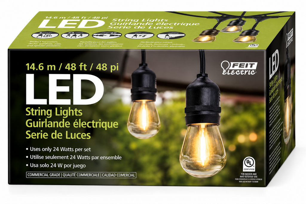 Feit Electric 48 ft LED String Lights – Commercial Grade Outdoor Patio Lights, Warm White Edison-Style Bulbs, 24W, Black Cord