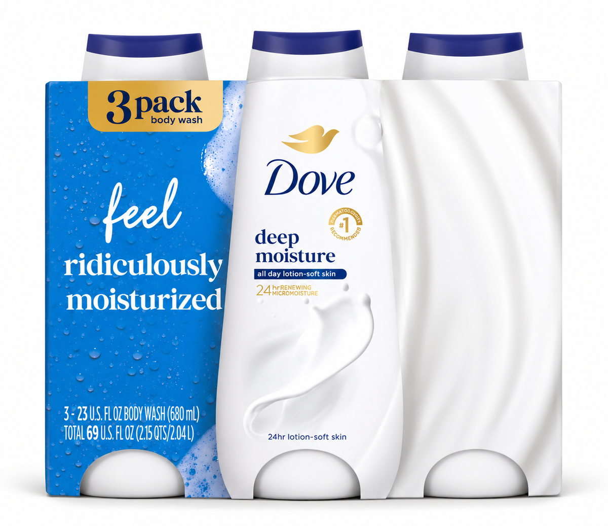 Dove Deep Moisture Body Wash, 24Hr Lotion-Soft Skin, 23 fl oz Each, 3 Pack, 69 fl oz Total