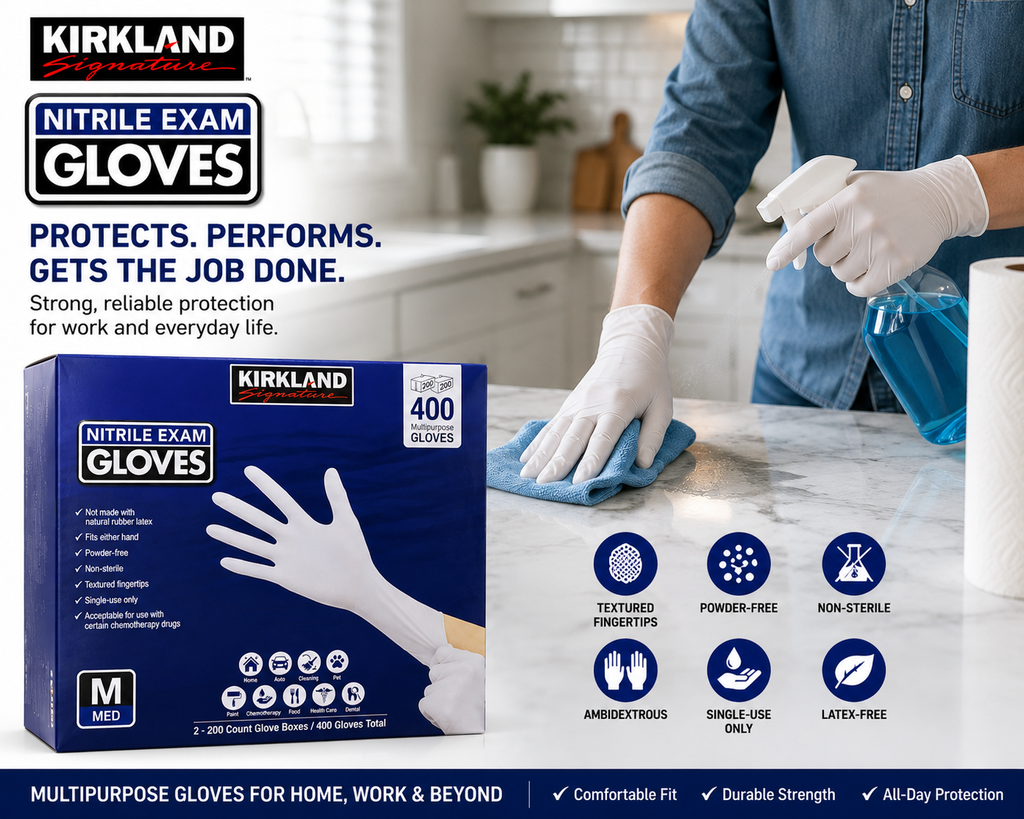 Kirkland Signature Nitrile Exam Gloves, Powder-Free, 400 Count (2 x 200), Disposable Multipurpose Gloves, Available in Small, Medium, Large & X-Large