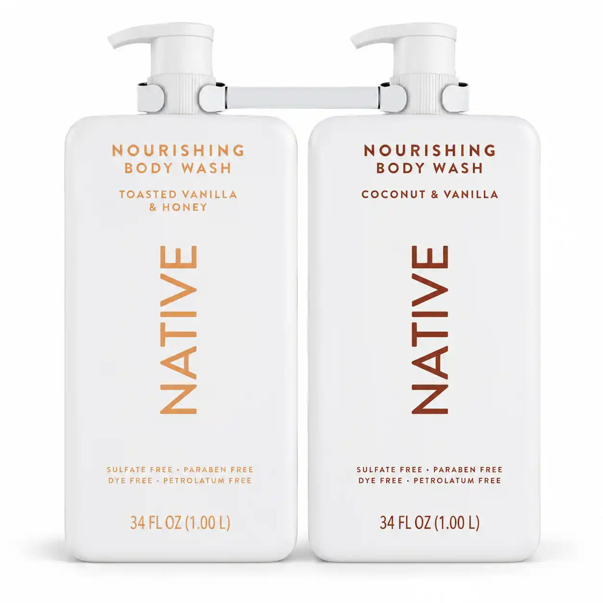 Native Nourishing Body Wash Variety 2-Pack, Toasted Vanilla & Honey + Coconut & Vanilla, Sulfate-Free, Paraben-Free, 34 fl oz Each, 68 fl oz Total