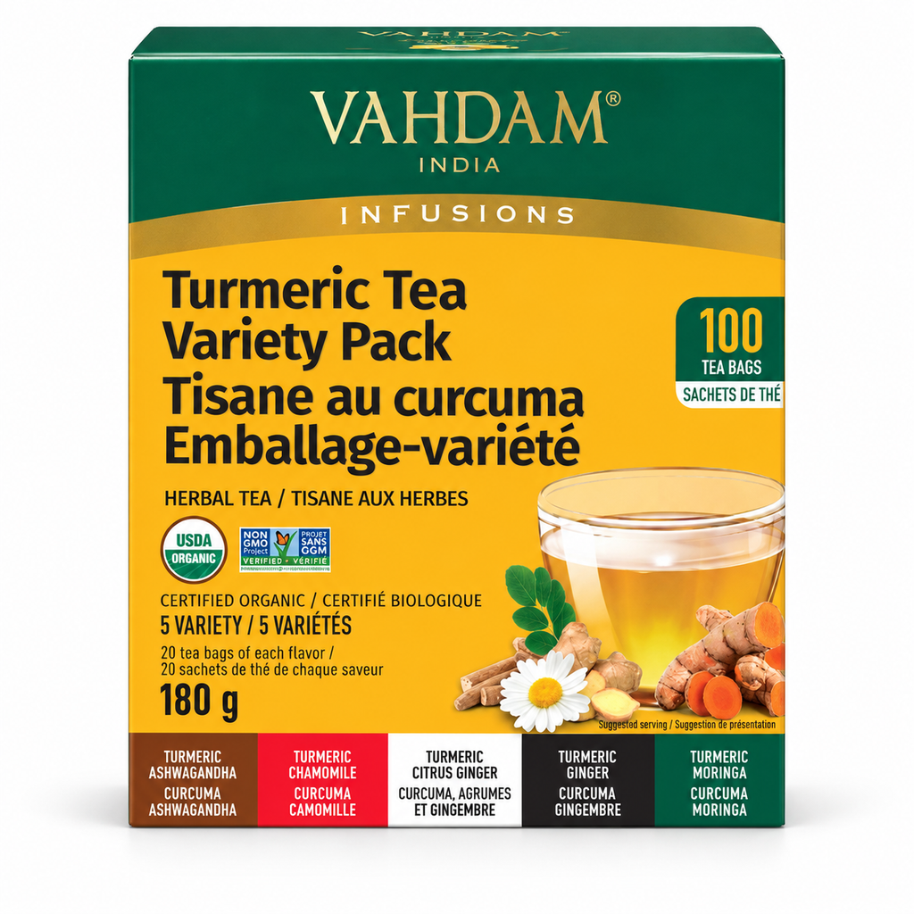 VAHDAM India Infusions Organic Turmeric Herbal Tea Variety Pack, Caffeine Free, 100 Tea Bags, 5 Varieties, 6.35 oz