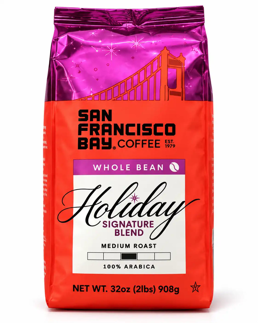 San Francisco Bay Coffee Holiday Signature Blend, Medium Roast, 100% Arabica Whole Bean Coffee, Sweet & Smooth with Notes of Milk Chocolate & Baking Spices, 32 oz (2 lb)