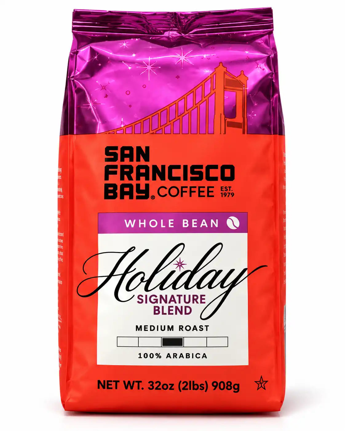 San Francisco Bay Coffee Holiday Signature Blend, Medium Roast, 100% Arabica Whole Bean Coffee, Sweet & Smooth with Notes of Milk Chocolate & Baking Spices, 32 oz (2 lb)