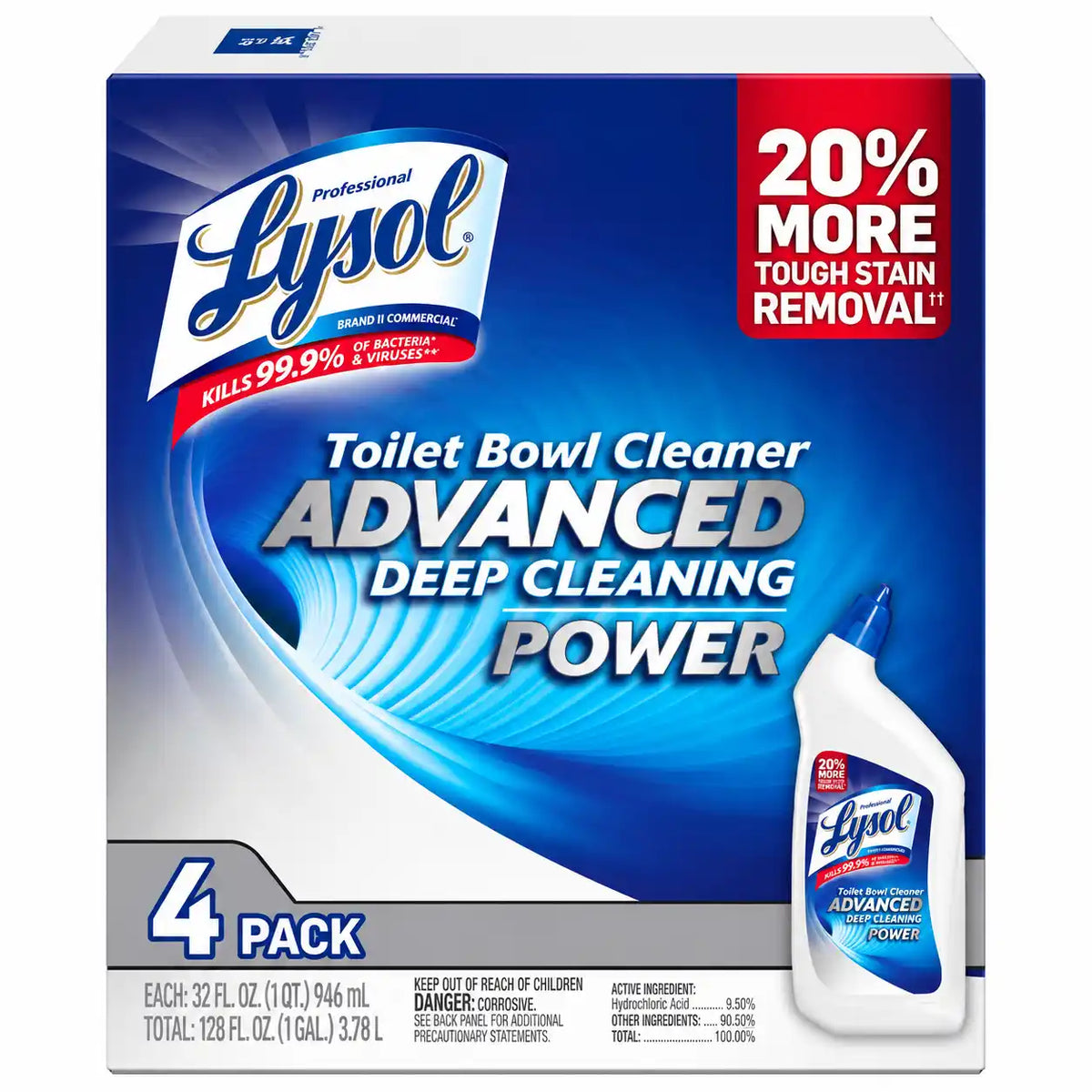 Lysol Advanced Deep Cleaning Power Toilet Bowl Cleaner, 20% More Tough Stain Removal, 32 fl oz Bottles, 4-Pack (128 fl oz Total)
