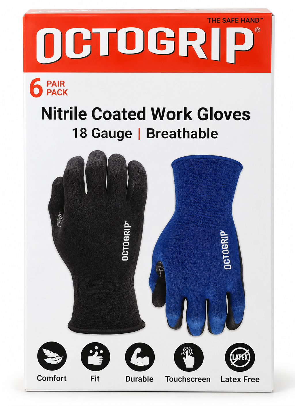 Octogrip Nitrile Coated Work Gloves, 18 Gauge Breathable Touchscreen Work Gloves, Size Large, 6 Pairs