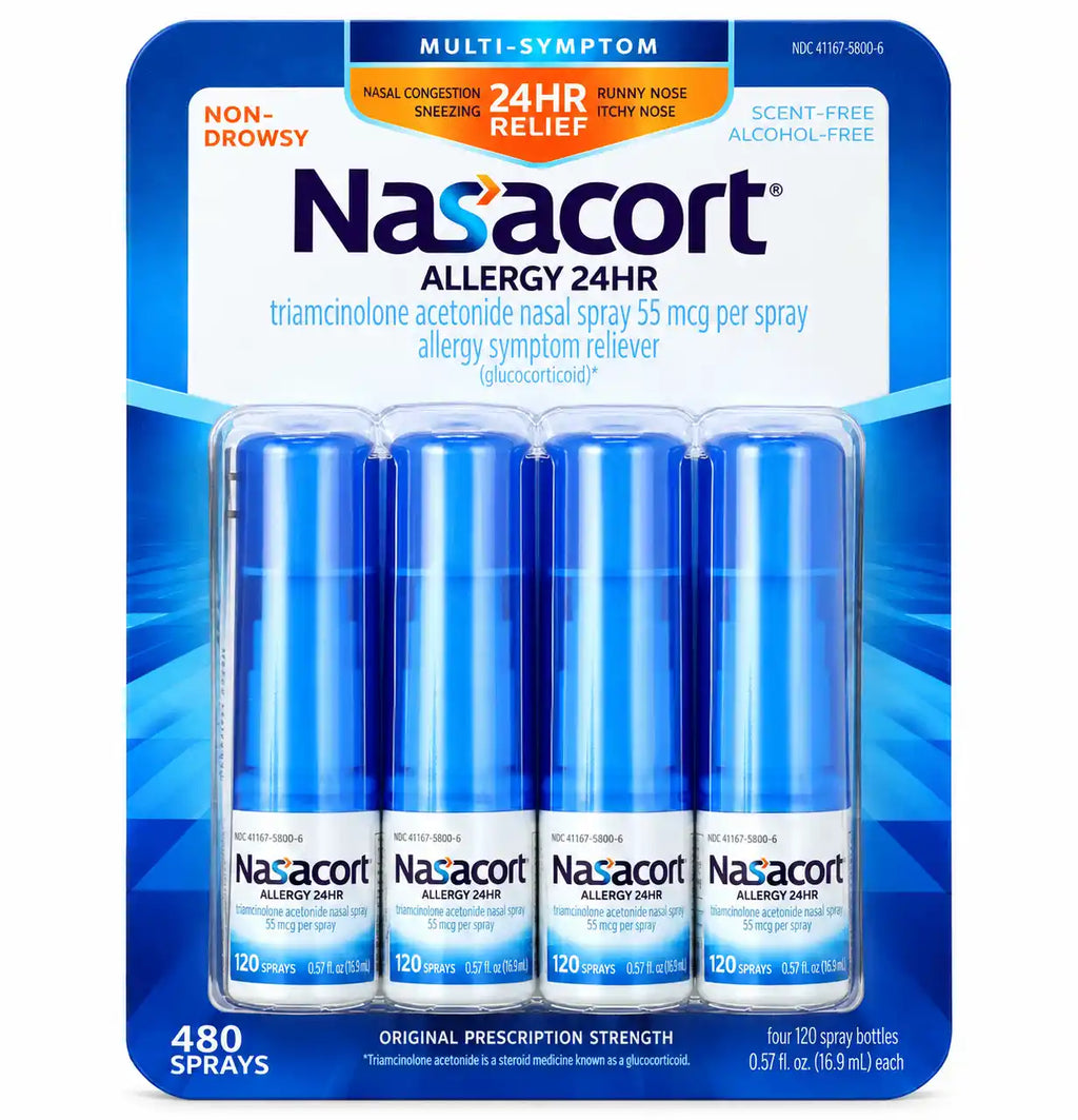 Nasacort Allergy 24HR Multi-Symptom Nasal Spray, 55 mcg, Non-Drowsy, Scent-Free & Alcohol-Free, 120 Sprays per Bottle, 480 Total Sprays, 4 Pack