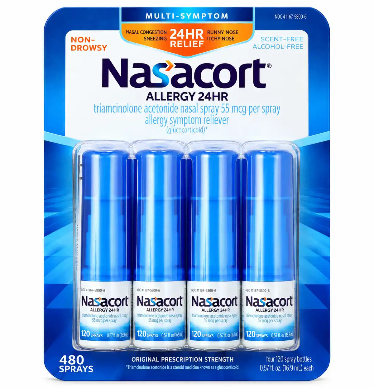 Nasacort Allergy 24HR Multi-Symptom Nasal Spray, 55 mcg, Non-Drowsy, Scent-Free & Alcohol-Free, 120 Sprays per Bottle, 480 Total Sprays, 4 Pack