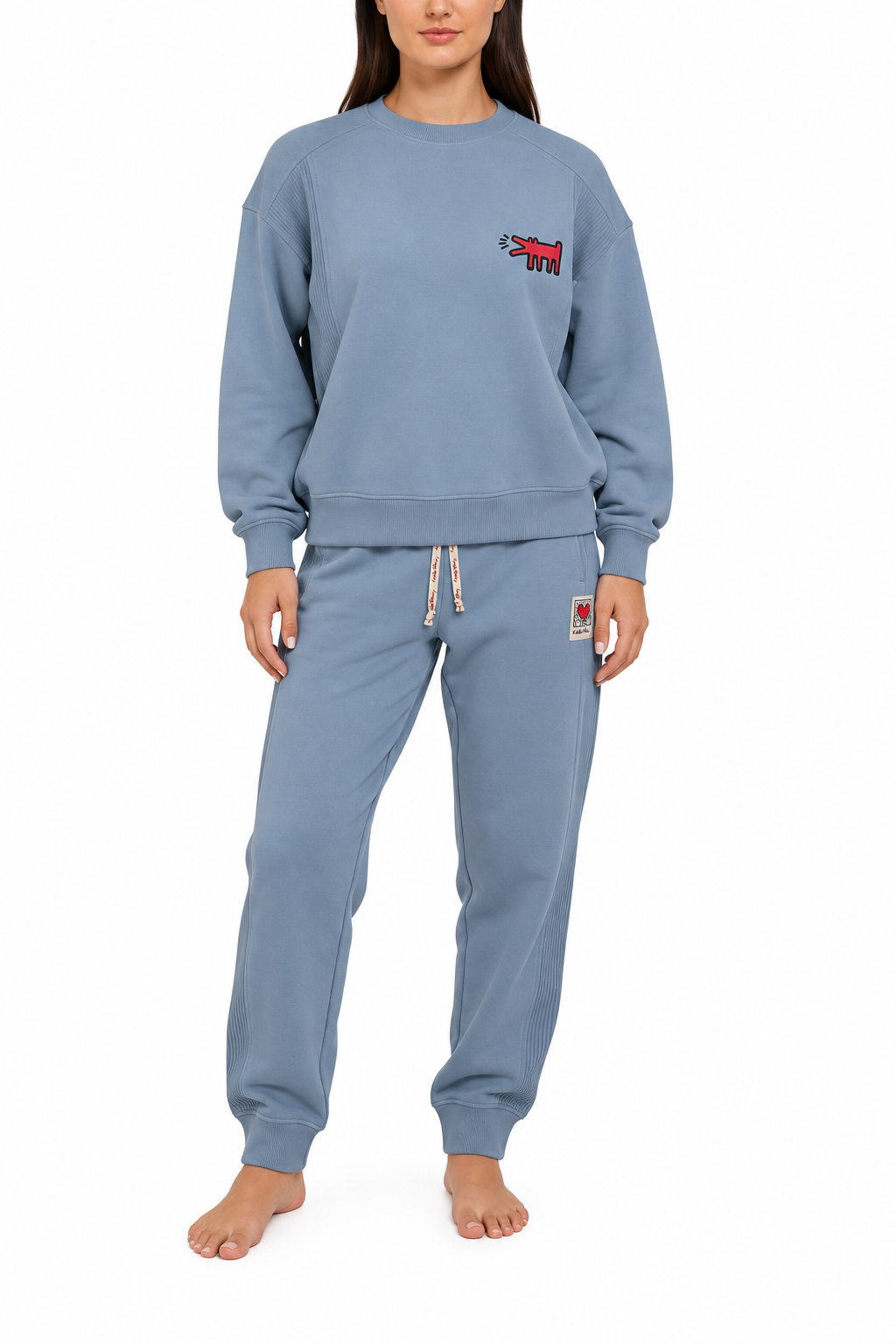 Keith Haring Women's 2-Piece Crewneck Sweatshirt & Jogger Fleece Lounge Set, Blue, X-Large