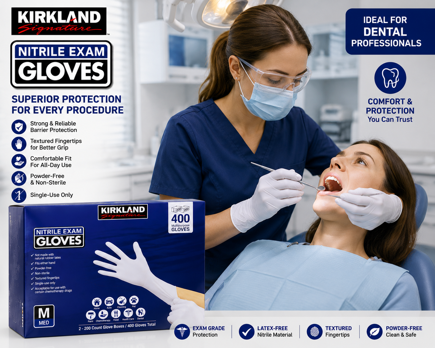 Kirkland Signature Nitrile Exam Gloves, Powder-Free, 400 Count (2 x 200), Disposable Multipurpose Gloves, Available in Small, Medium, Large & X-Large