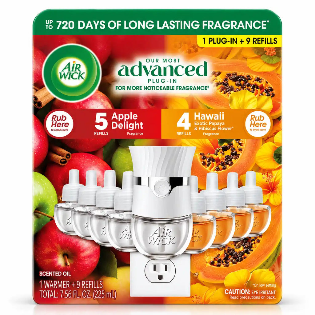 Air Wick Advanced Plug-In Scented Oil Starter Kit, 1 Warmer + 9 Refills, Apple Delight & Hawaii Exotic Papaya Hibiscus Flower, Up to 720 Days of Fragrance
