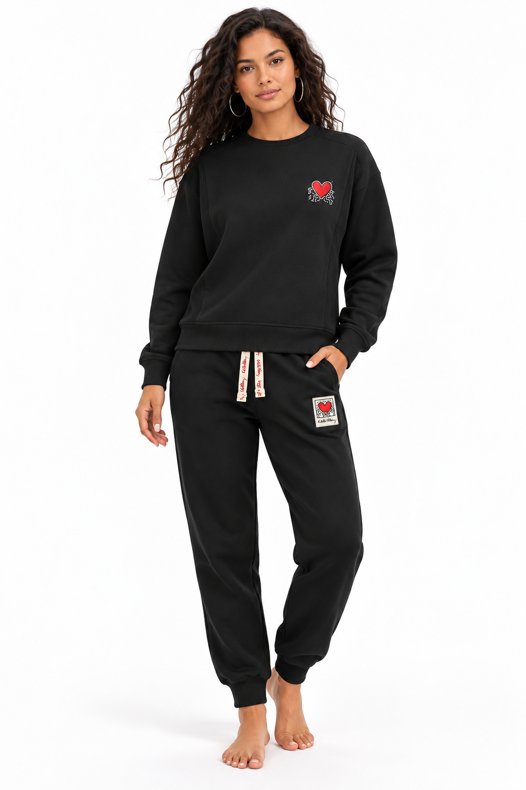 Keith Haring Women's 2-Piece Crewneck Sweatshirt & Jogger Fleece Lounge Set, Black, Large