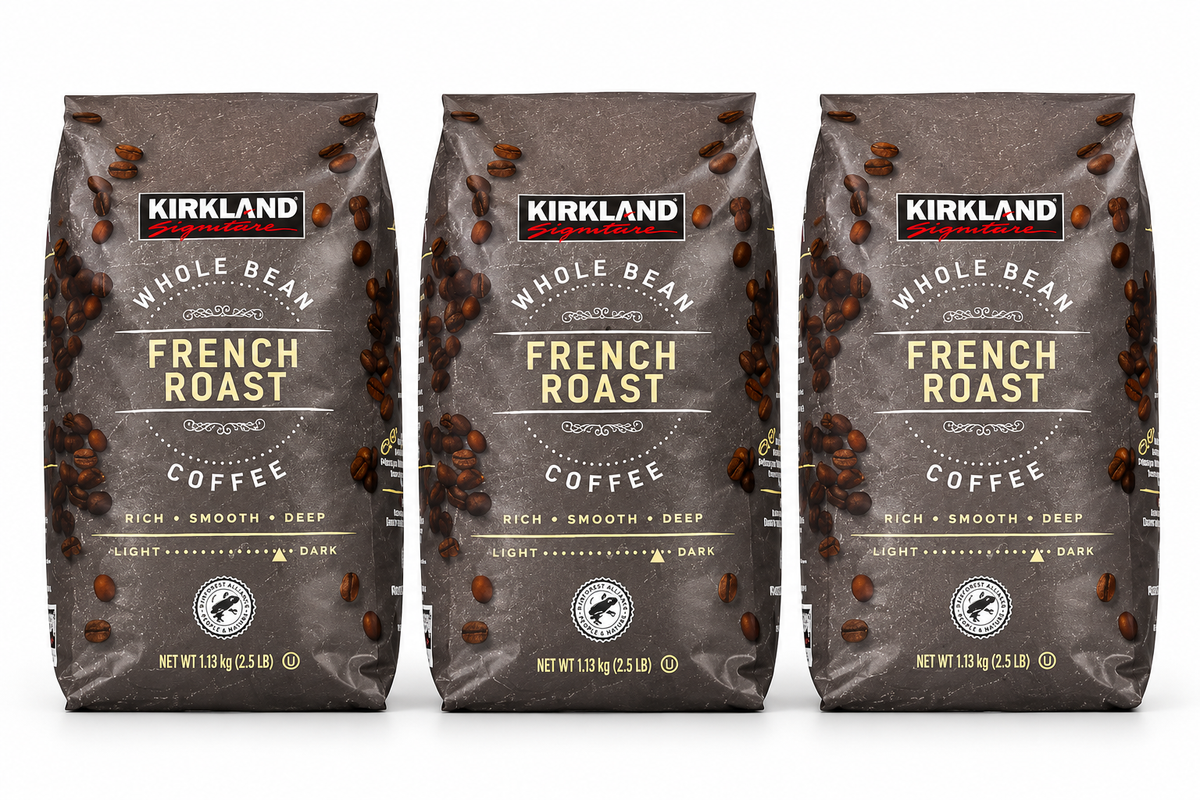 Kirkland Signature French Roast Whole Bean Coffee, Dark Roast, Rich & Smoky Flavor, 2.5 lb Bags, 3-Pack (7.5 lbs Total)