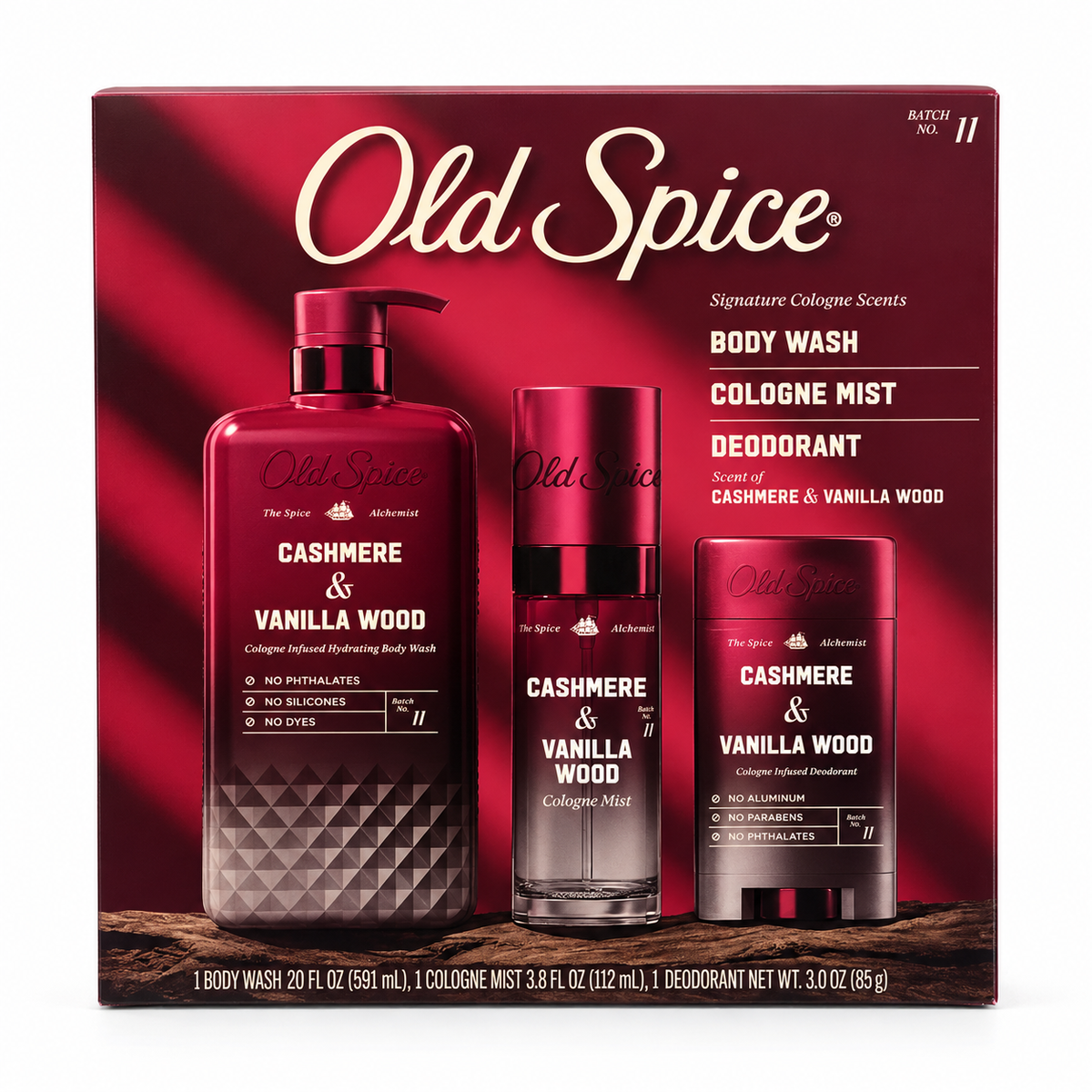 Old Spice The Spice Alchemist Cashmere & Vanilla Wood 3-Piece Gift Set, Body Wash 20 fl oz, Cologne Mist 3.8 fl oz & Deodorant 3 oz