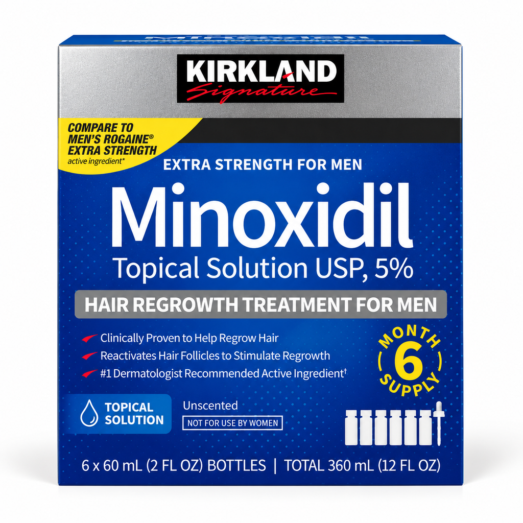 Kirkland Signature Minoxidil 5% Topical Solution for Men, Extra Strength Hair Regrowth Treatment, Unscented, 6-Month Supply, 6 x 60 mL