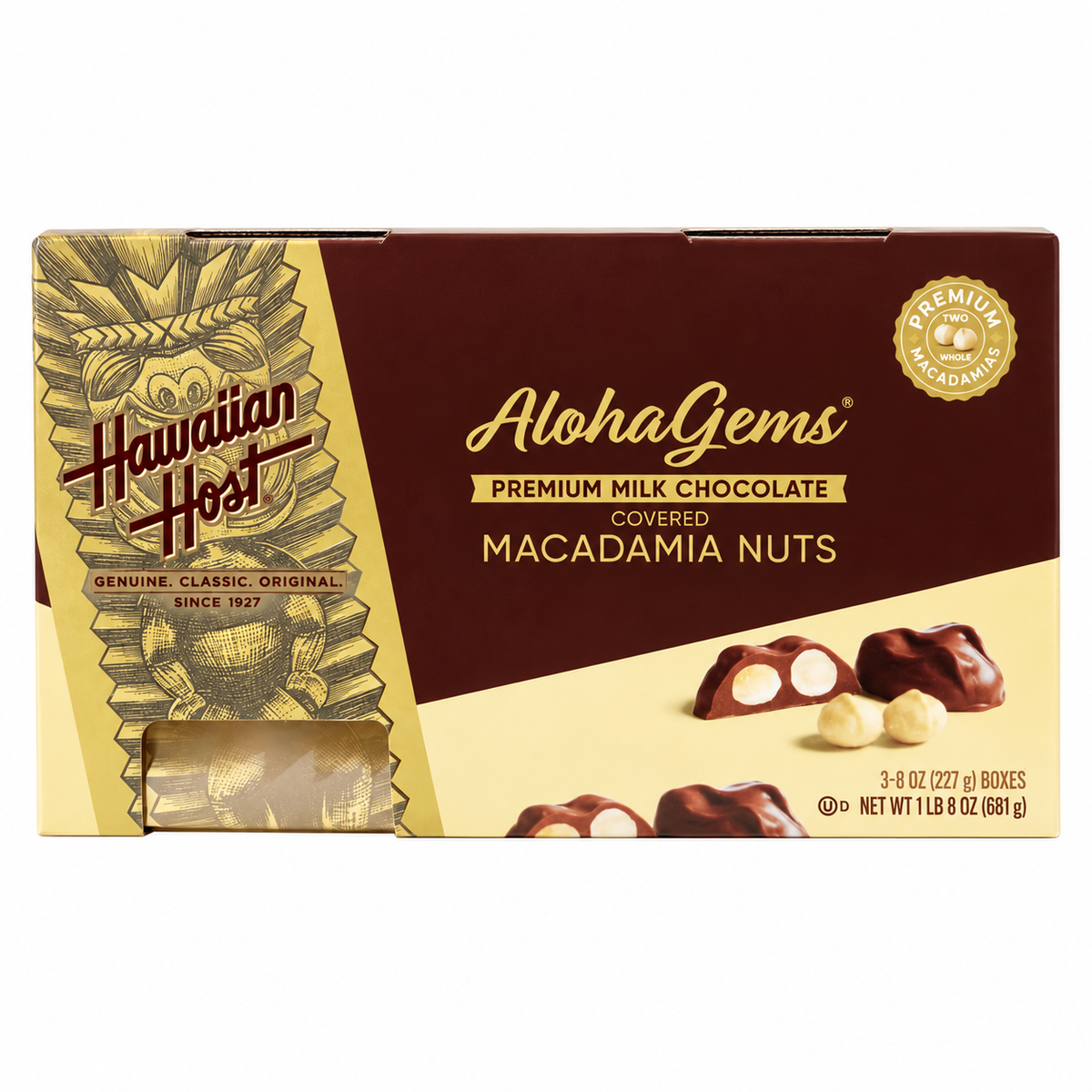 Hawaiian Host Aloha Gems Milk Chocolate Covered Macadamia Nuts, 8 oz Each, 3-Pack (24 oz Total), Premium Hawaiian Chocolate Candy, 42 Pieces