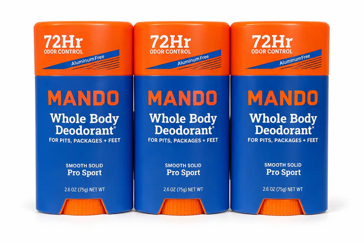 Mando Whole Body Deodorant for Men, Pro Sport Scent, 72-Hour Odor Control, Aluminum-Free Smooth Solid, 2.6 oz Each, 3 Pack, 7.8 oz Total