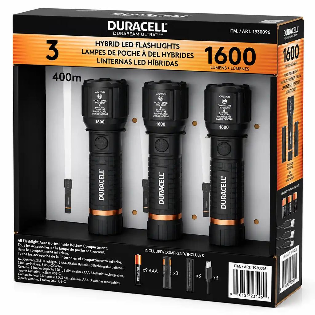 Duracell Hybrid LED Flashlights, 1600 Lumens, 400m Beam Distance, Rechargeable & Battery Powered, 3-Pack, Black