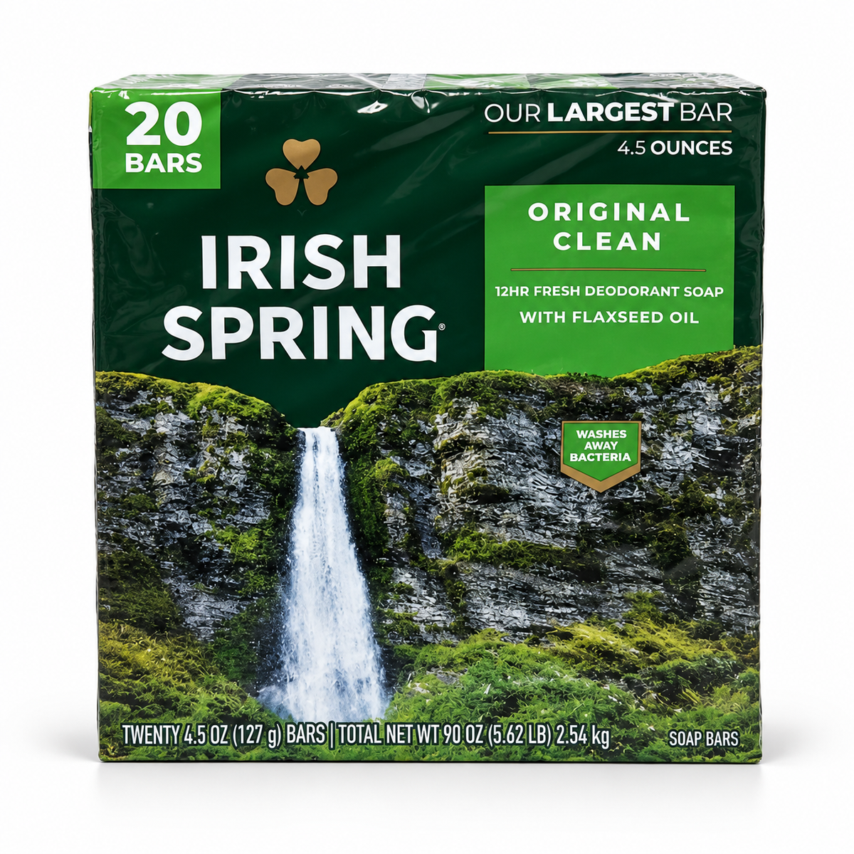 Irish Spring Original Clean Deodorant Bar Soap with Flaxseed Oil, 12-Hour Fresh, 4.5 oz Bars, 20 Count, 90 oz Total