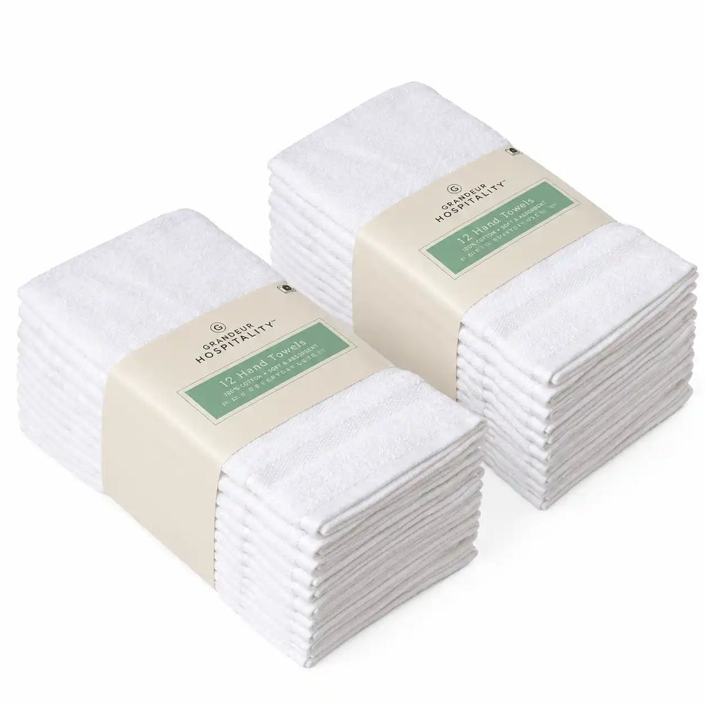 Grandeur Hospitality White Hand Towels, Soft & Absorbent Cotton Towels for Bathroom, Guest Room, Hotel & Spa, 12 Count per Bundle (2-Pack, 24 Towels Total)