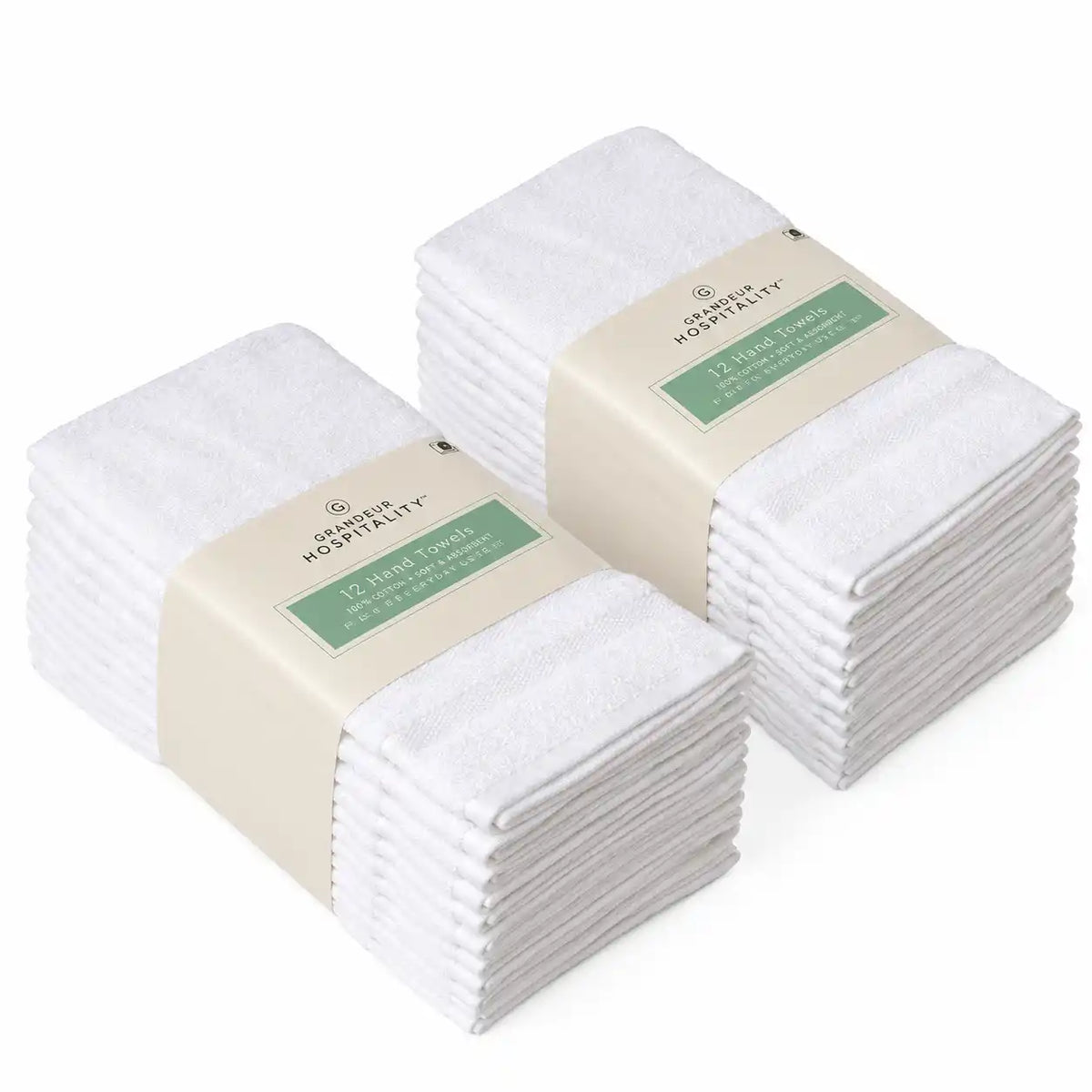 Grandeur Hospitality White Hand Towels, Soft & Absorbent Cotton Towels for Bathroom, Guest Room, Hotel & Spa, 12 Count per Bundle (2-Pack, 24 Towels Total)