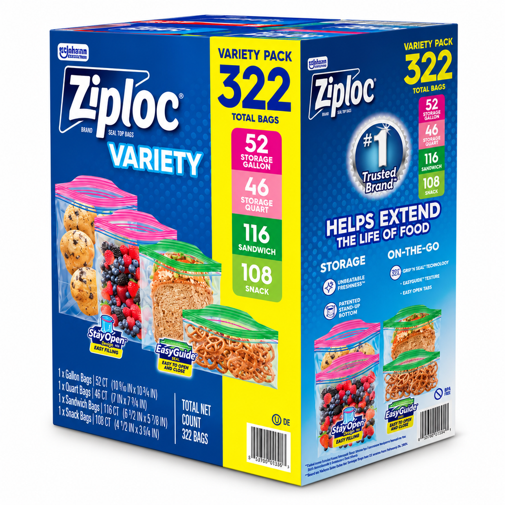 Ziploc Seal Top Food Storage Bags Variety Pack, 322 Count, Gallon, Quart, Sandwich & Snack Bags, Easy Open Tabs