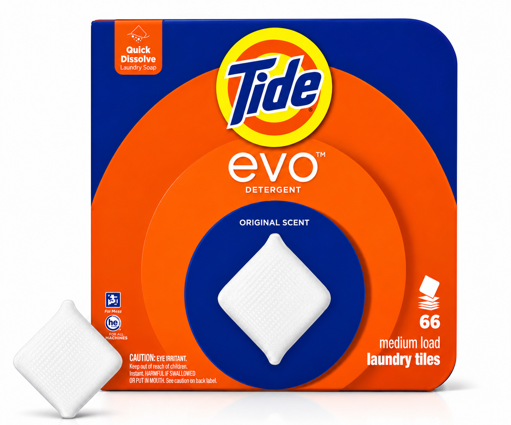 Tide evo Laundry Detergent Tiles, Original Scent, Quick Dissolve, HE Compatible, Medium Loads, 66 Count